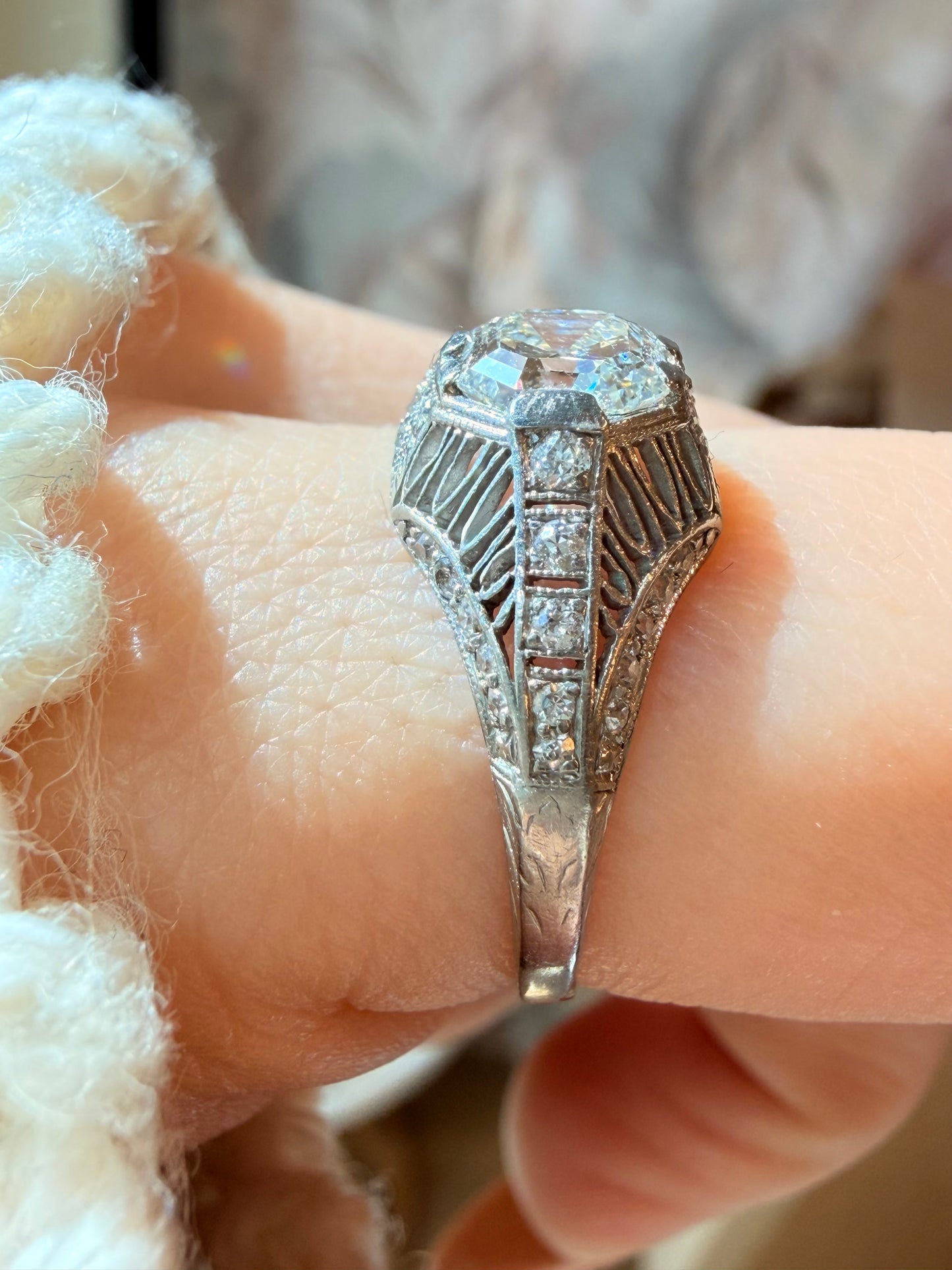 Antique platinum approx 1.5ctw octagonal diamond ring, size 8-8.25