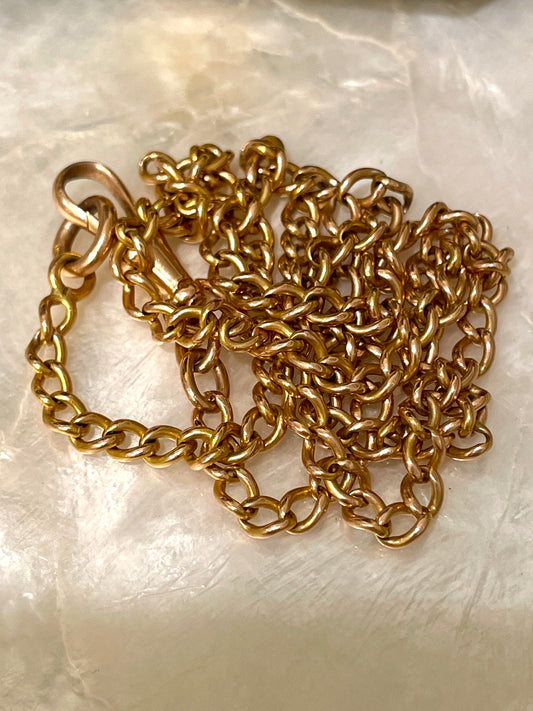 Antique rosy yellow 18K round link curb watch chain with dog clip, 20 inch