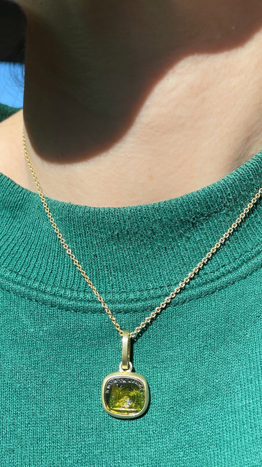 Yellow 14K gold brushed finish "Always at Home" snail glass seal pendant with removable clip bale