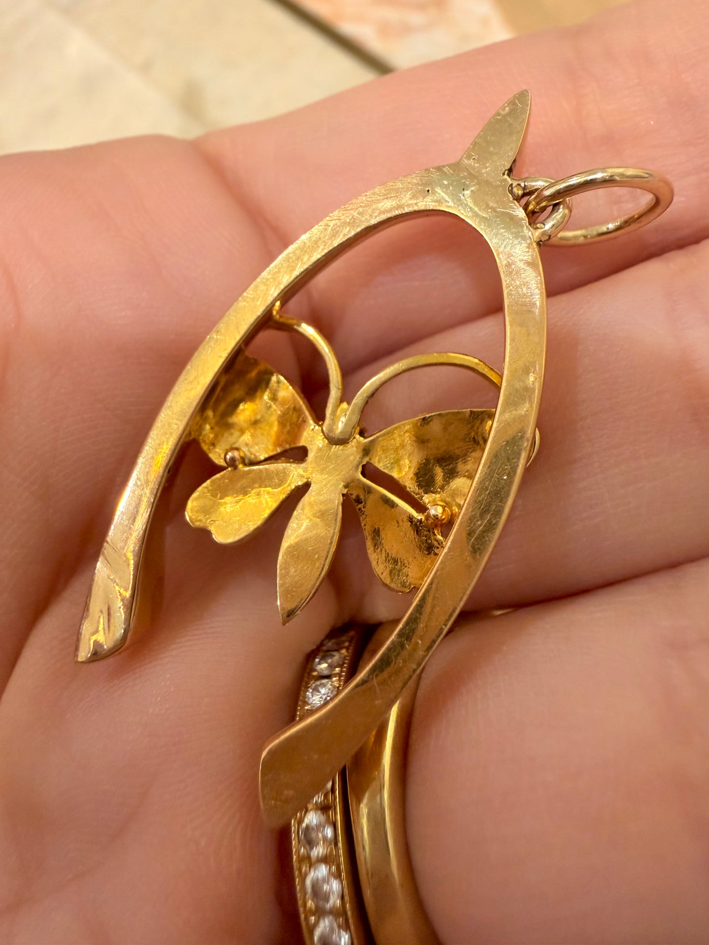 Antique yellow 15K gold wishbone with pearl and turquoise butterfly pendant