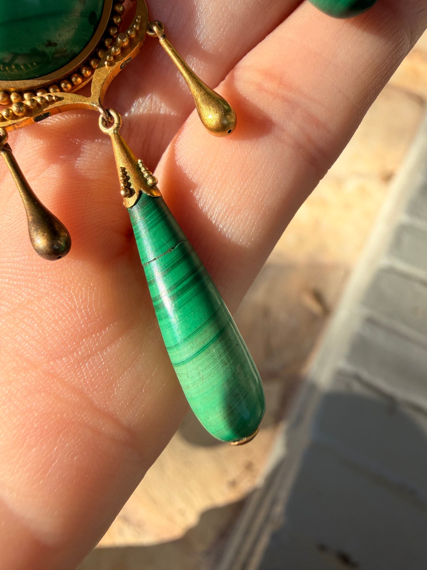 Antique yellow 18K tubogas malachite drop necklace, 16 and 1/8 inch