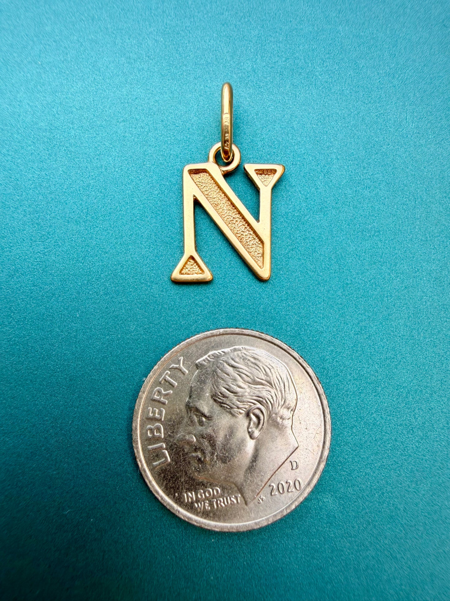 Vintage yellow 18K gold textured letter N charm
