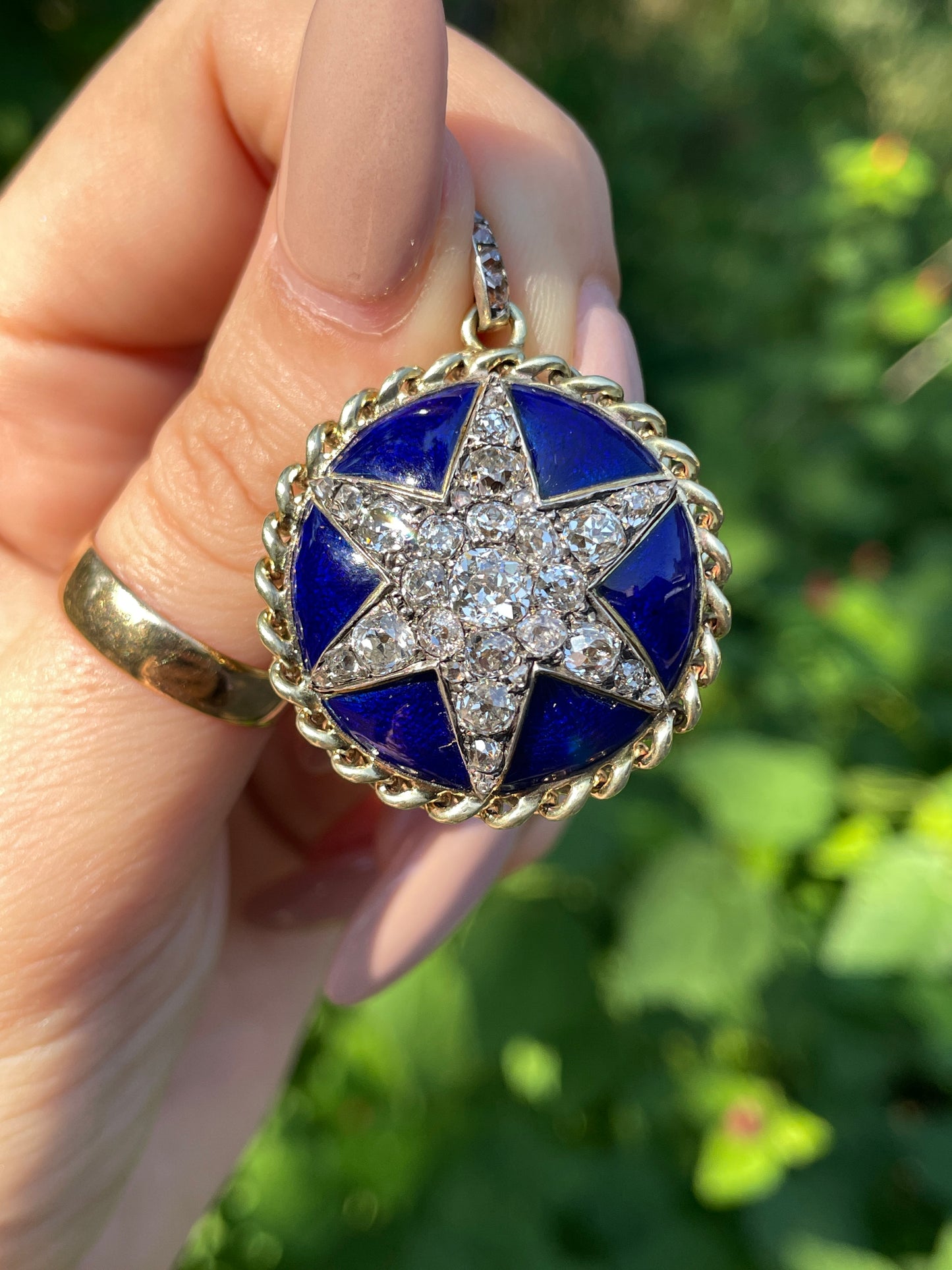 Antique yellow 14K approx over 4 ctw old mine cut and rose cut diamond blue enamel star statement pendant