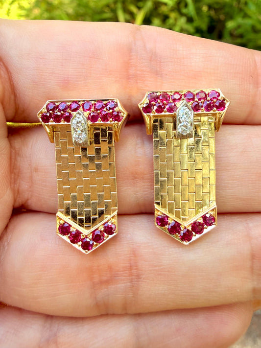 Vintage Retro era yellow 14K approx 1.4ctw natural ruby and .16ctw diamond belt buckle earrings with 18K posts