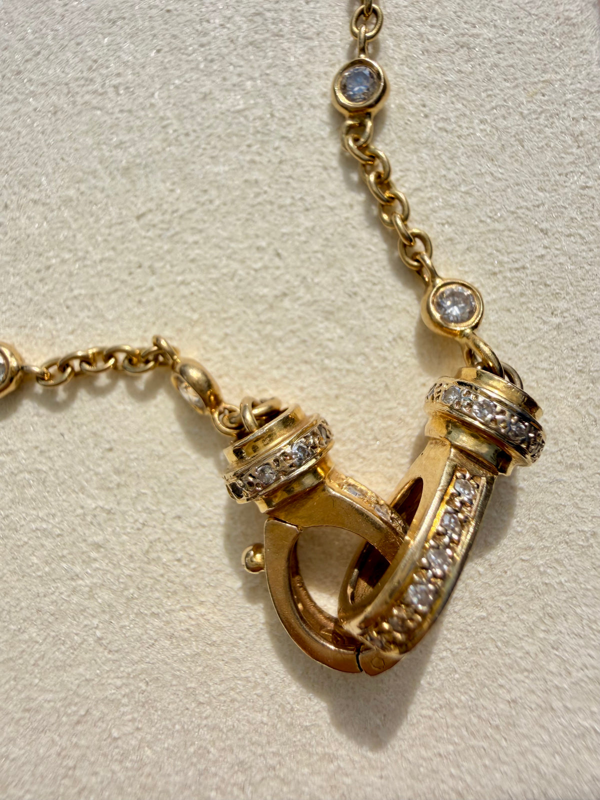 Vintage yellow 14K approx 1.4 ctw diamond bezel station chain with cuff clasp, 17.5 inch
