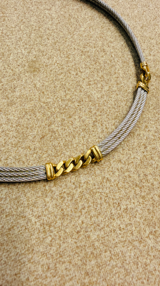 Vintage yellow 18K and steel Fred Paris designer Force 10 collar necklace, 14.5 inch