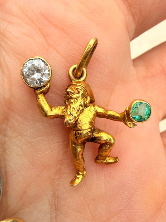 Antique yellow 19K gnome pendant with approx .27 ctw diamond and .15 ctw emerald