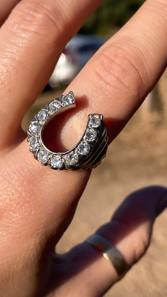 Vintage yellow and white 14K approx .98 ctw diamond horseshoe ring, size 8-8.25