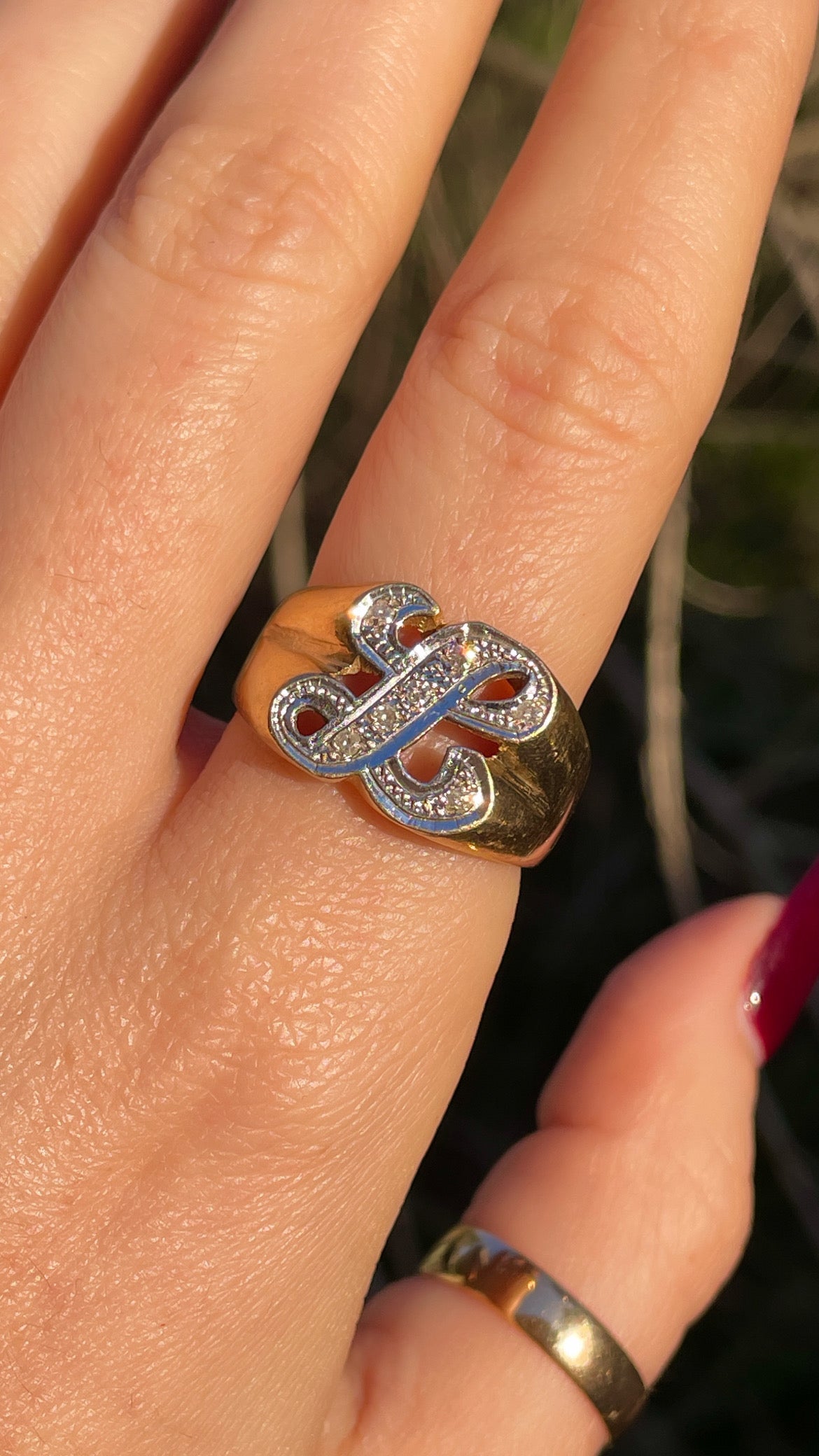 Vintage yellow and white 14K letter L ring with approx .18 ctw diamonds, size 10