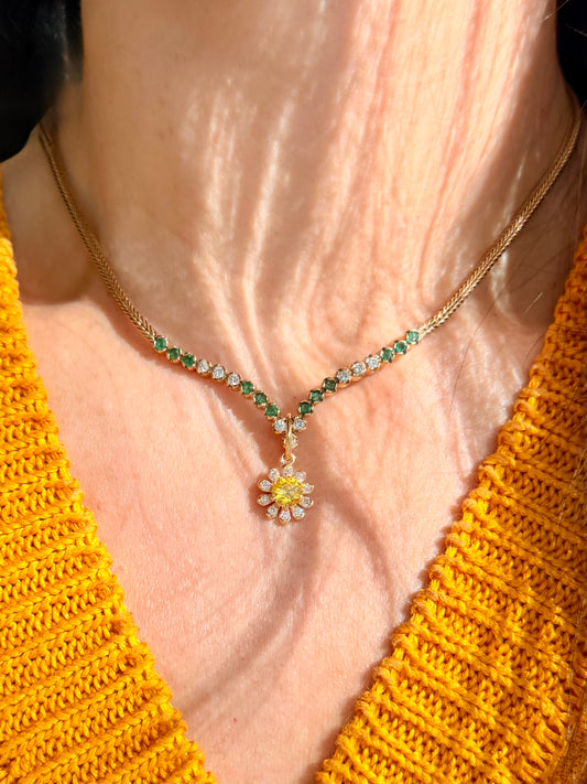 3GOG Natural Yellow Sapphire and Diamond Garden Party Flower Pendant 18K
