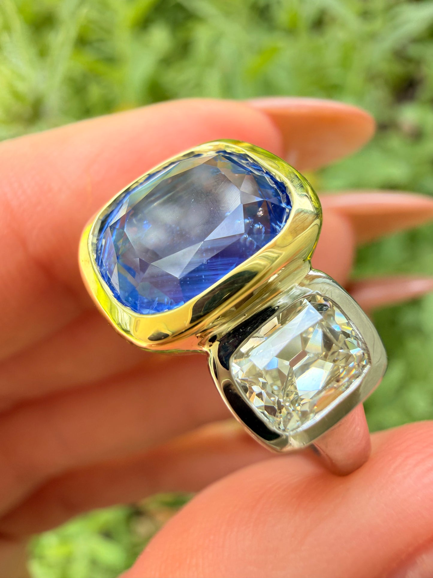 Vintage yellow 18K and platinum unheated over 5.6ctw GIA Ceylon Sapphire and 1.8ctw antique old mine cut cushion ring, size 7