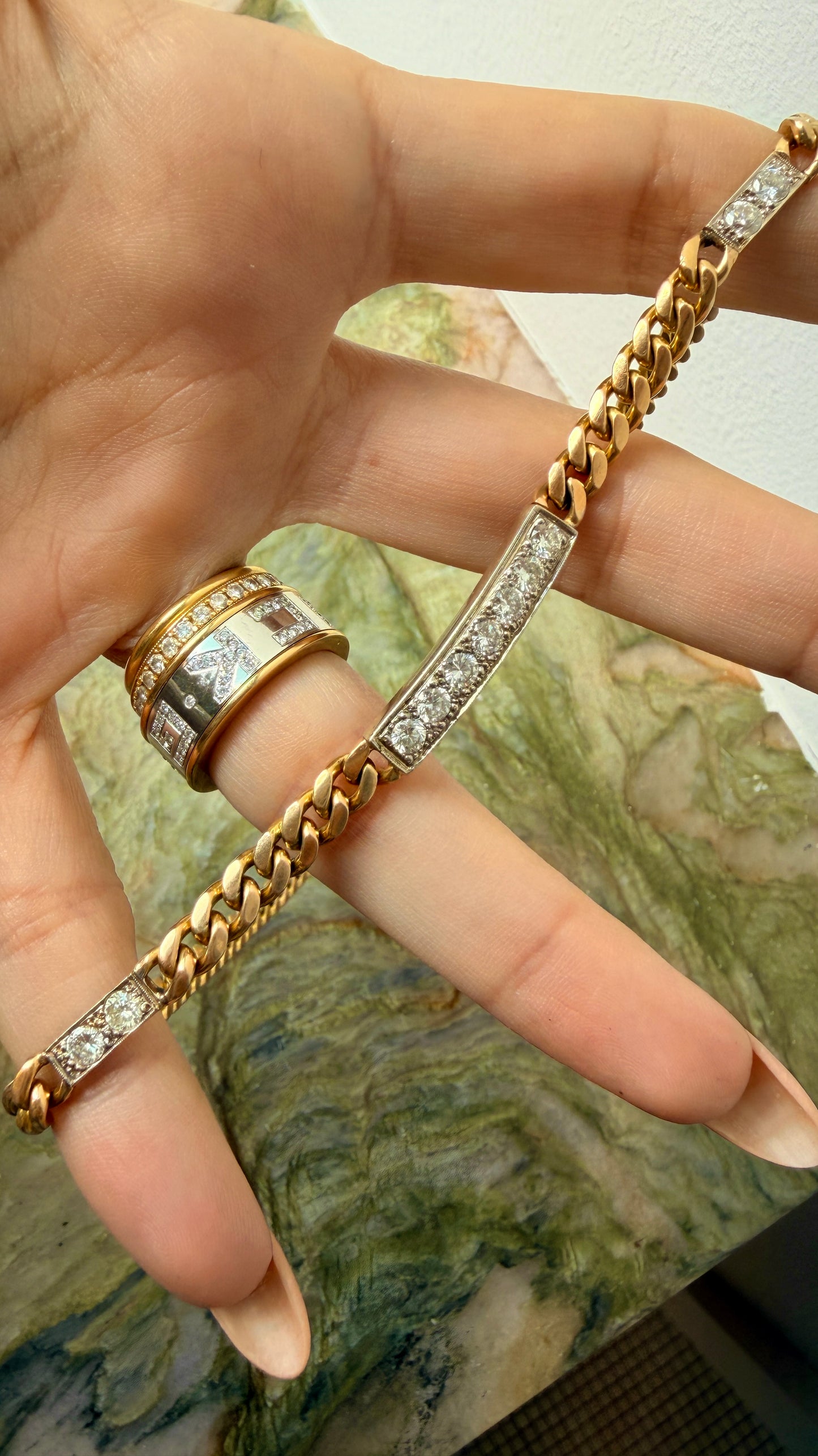 Vintage 14K triple bar 2ctw diamond curb chain, 16 inch