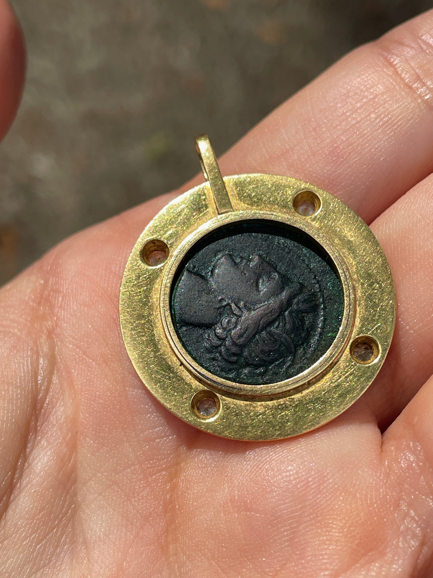Vintage yellow 18K horse coin pendant with approx .15 ctw diamonds