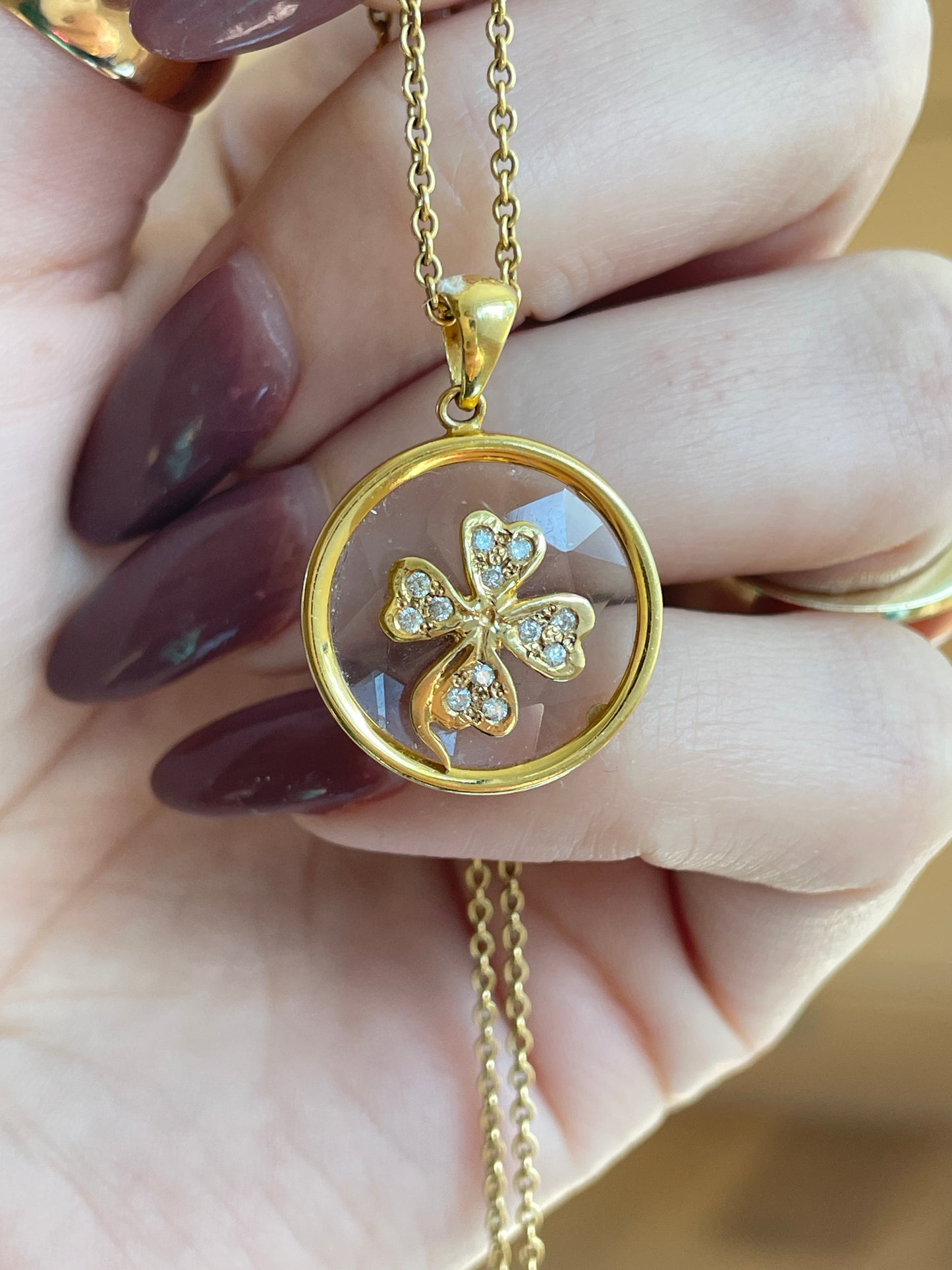 Vintage yellow 14K faceted glass and approx .2 ctw diamond 4 leaf clover pendant