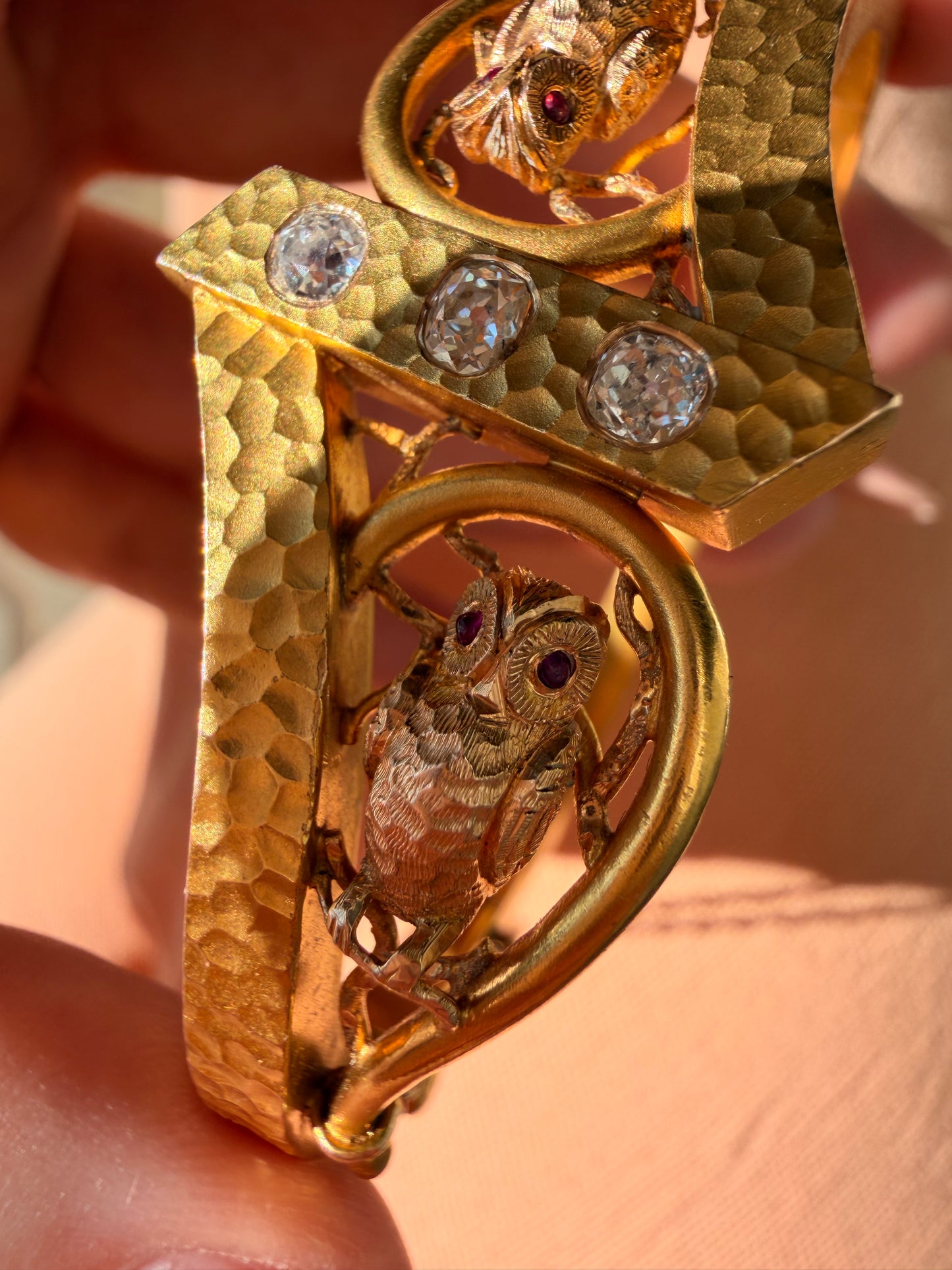 Antique 14K owls hinge bangle with approx .35ctw old mine cut diamonds