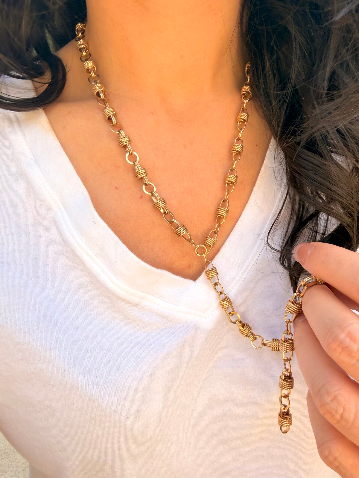 Vintage yellow 14K mix oval link chain with rope detail, 30.5 inch