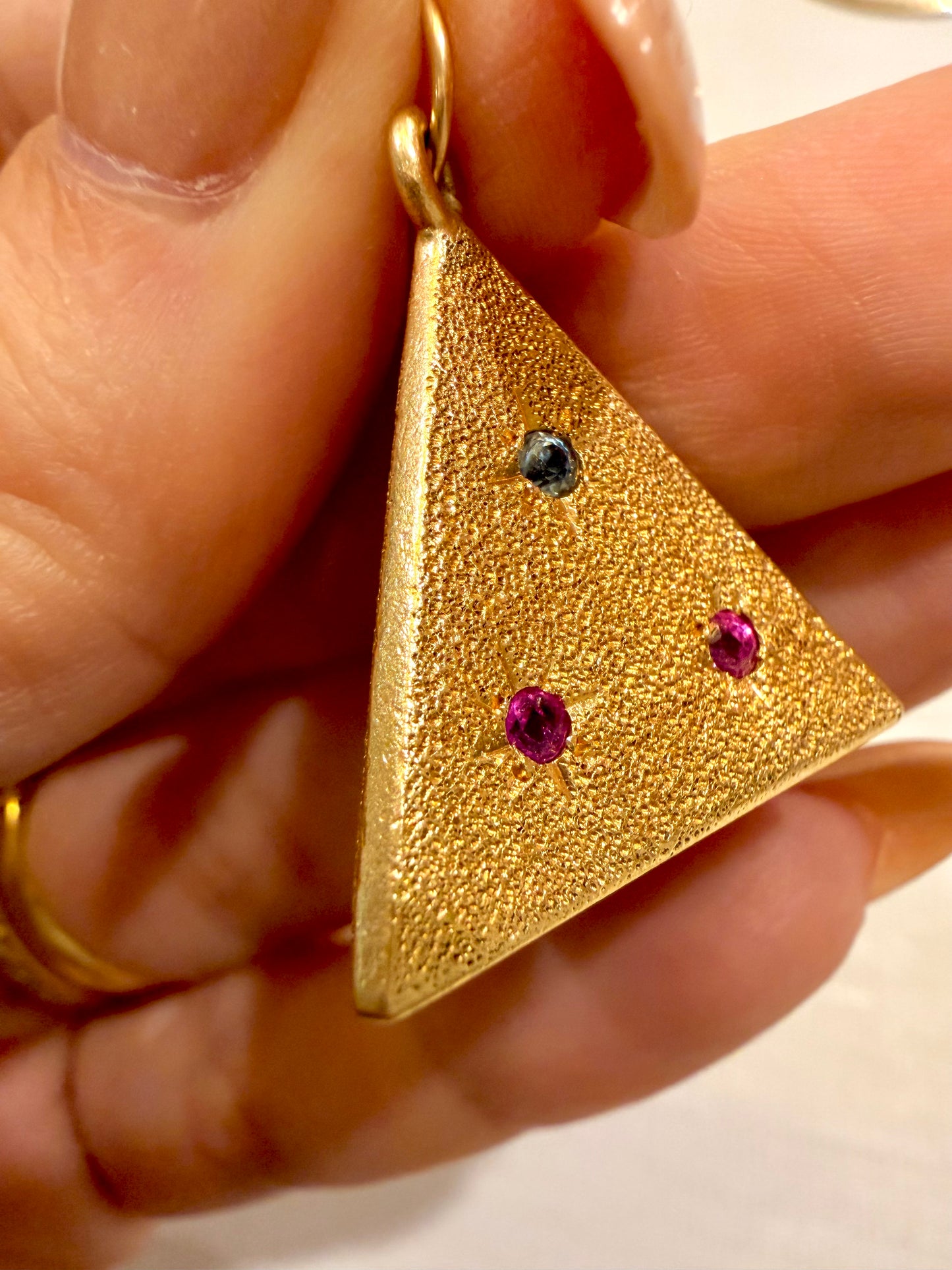Vintage yellow 14K pyramid pendant with blue and pink stones
