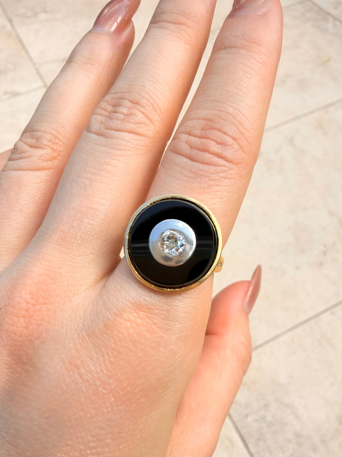 Vintage 18K onyx target ring with .5 ctw old mine cut diamond, size 7.25-7.5