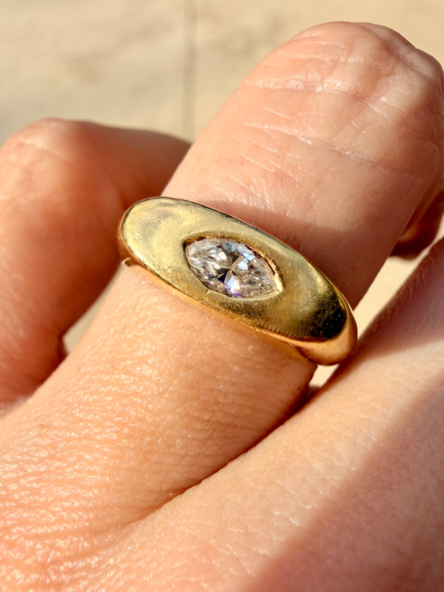 Vintage yellow 18K gold and .2 ctw marquise diamond flush set ring, size 6.75