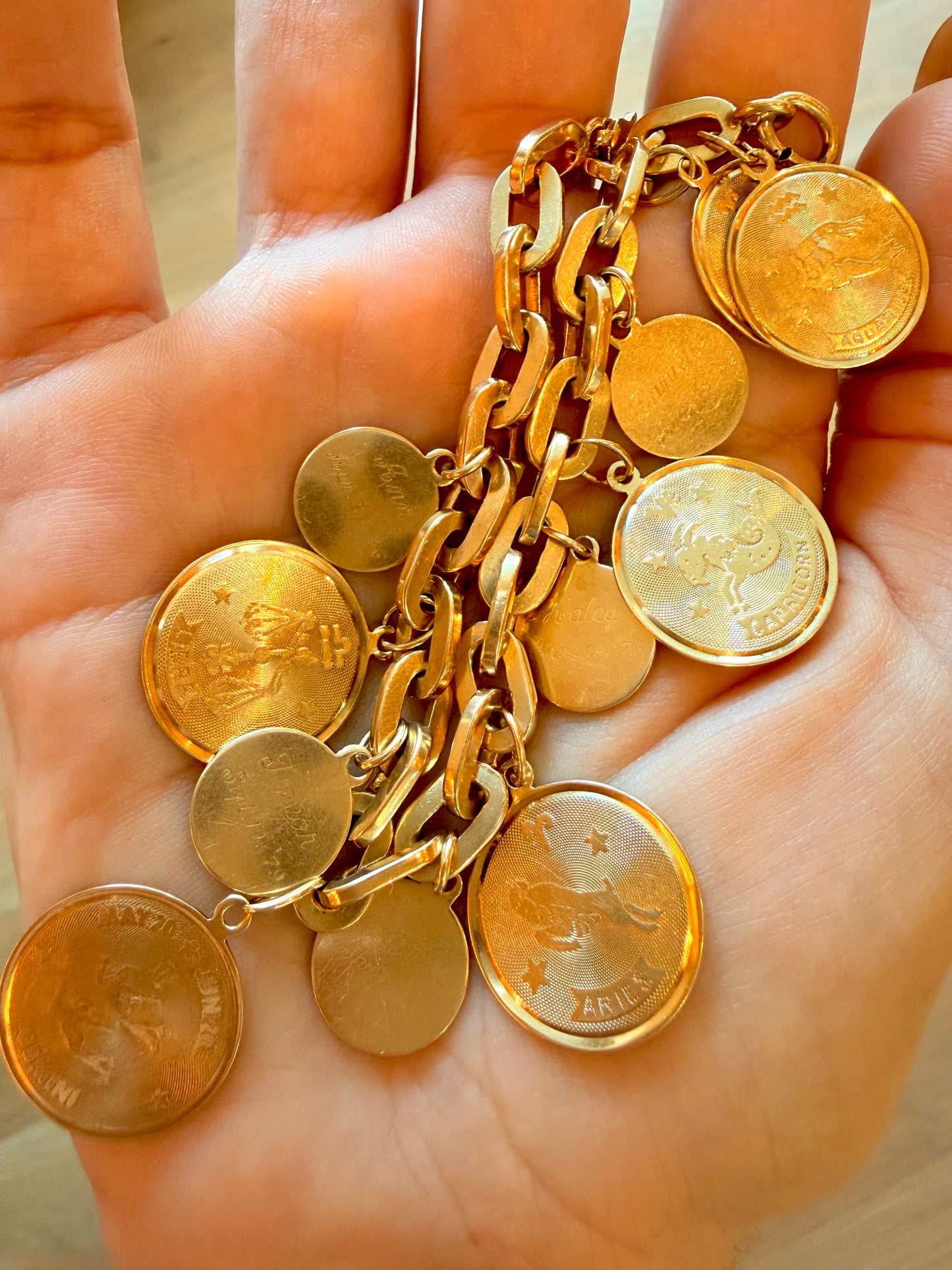 Vintage yellow 14K solid oval link bracelet with zodiac discs charm bracelet, 8 inch