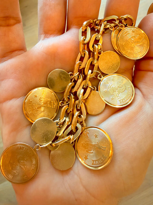 Vintage yellow 14K solid oval link bracelet with zodiac discs charm bracelet, 8 inch