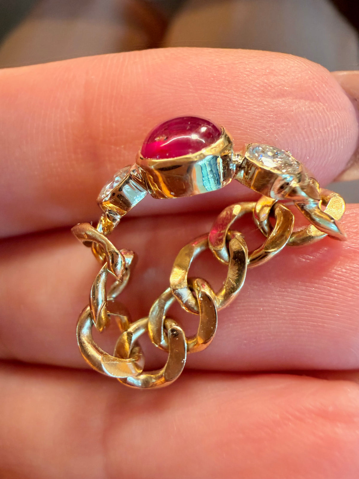 Vintage yellow 18K solid curb chain ring with .3ctw natural Ruby cabochon and .3ctw diamonds, size 6.25-6.5