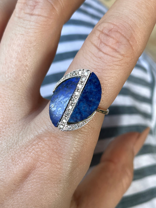 Vintage yellow 14K approx .14 ctw diamond lapis ring, size 7.5