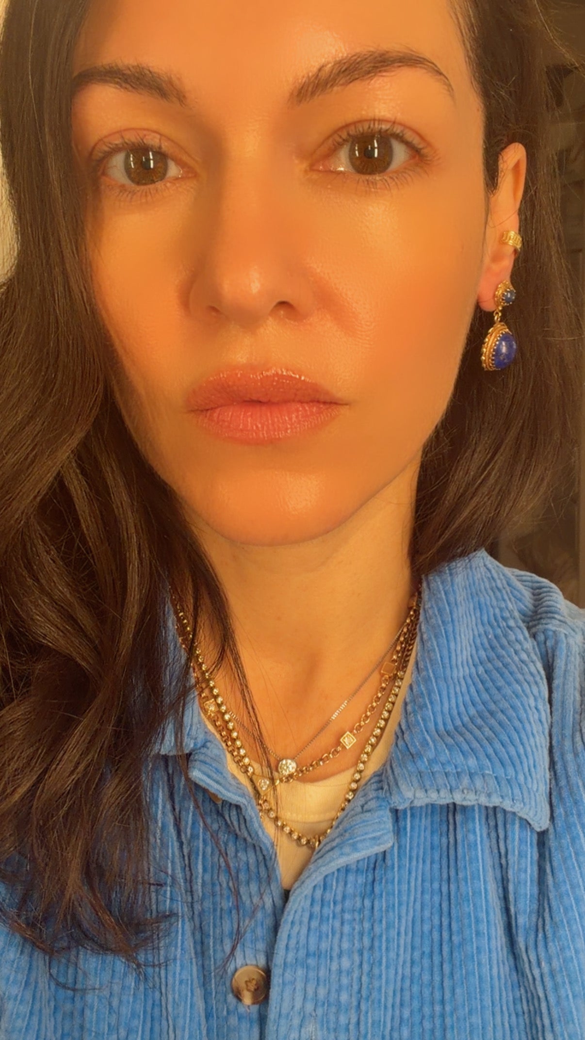 Vintage yellow 14K gold midcentury lapis dangle post back earrings with rope detail