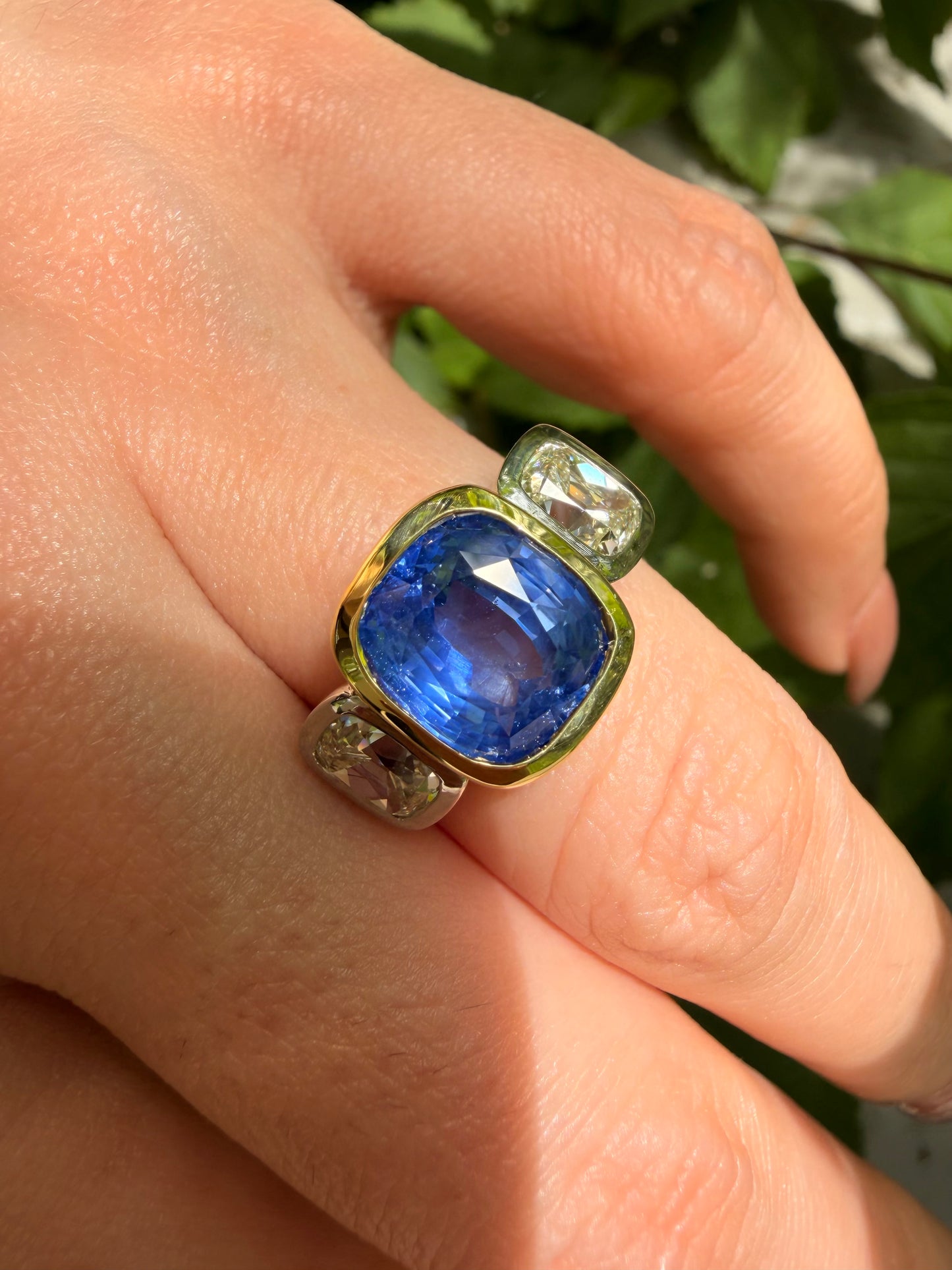 Vintage yellow 18K and platinum unheated over 5.6ctw GIA Ceylon Sapphire and 1.8ctw antique old mine cut cushion ring, size 7