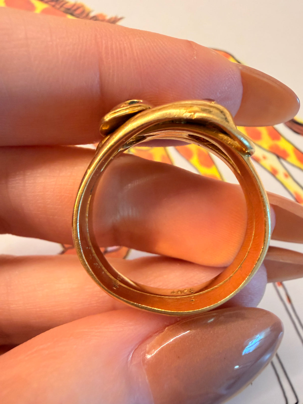 Antique 18K double snake ring with old mine cut diamond, ruby and emeralds, size 11.5