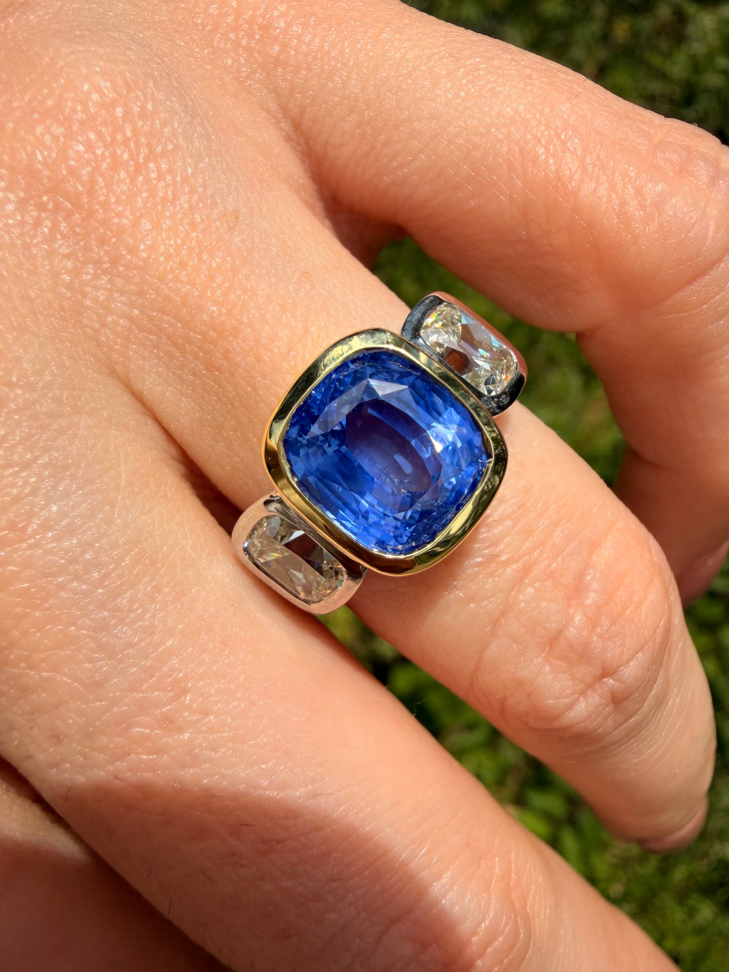Vintage yellow 18K and platinum unheated over 5.6ctw GIA Ceylon Sapphire and 1.8ctw antique old mine cut cushion ring, size 7