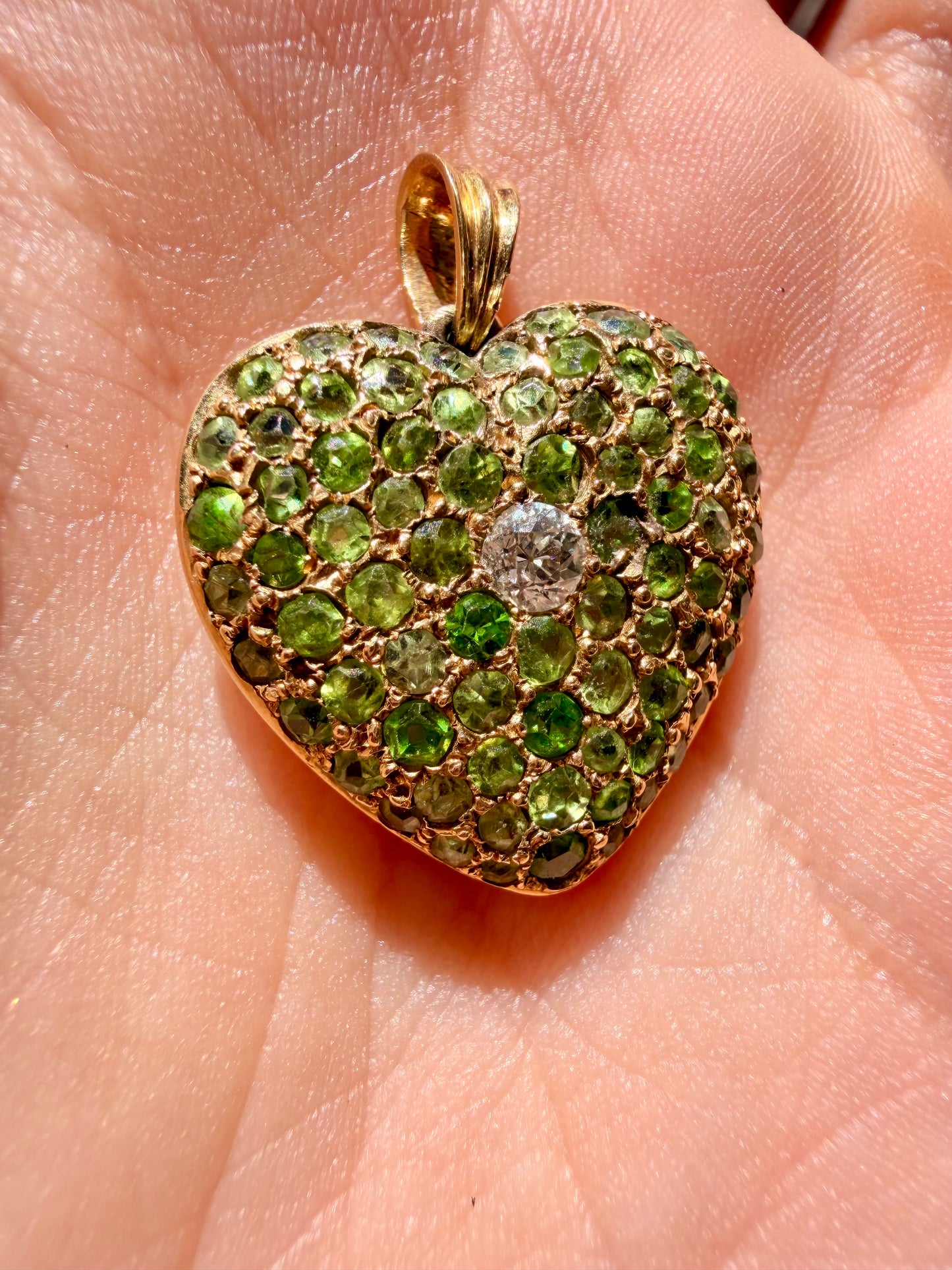 Antique 18K demantoid garnet and old mine cut diamond glass back heart locket