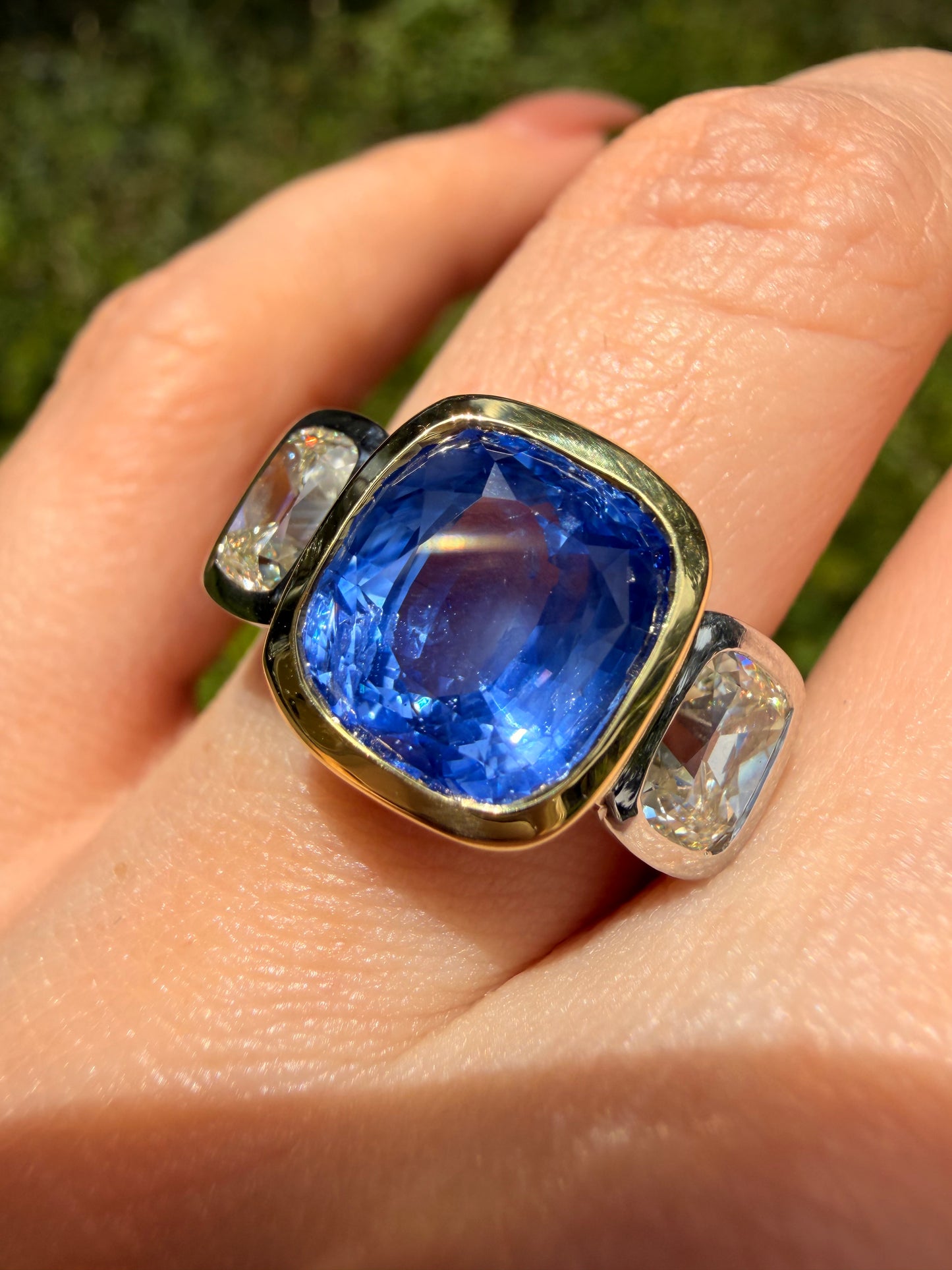 Vintage yellow 18K and platinum unheated over 5.6ctw GIA Ceylon Sapphire and 1.8ctw antique old mine cut cushion ring, size 7