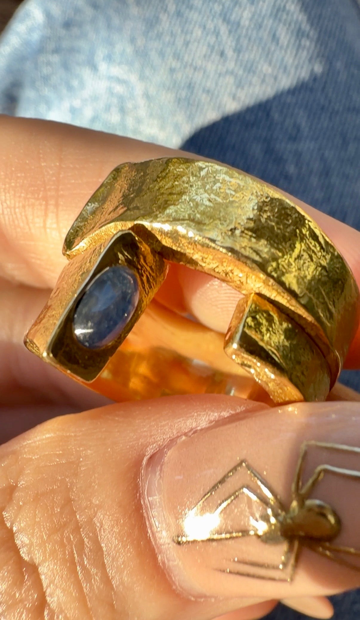 Vintage yellow 18K and sapphire cabochon double nail ring by David Webb, size 6