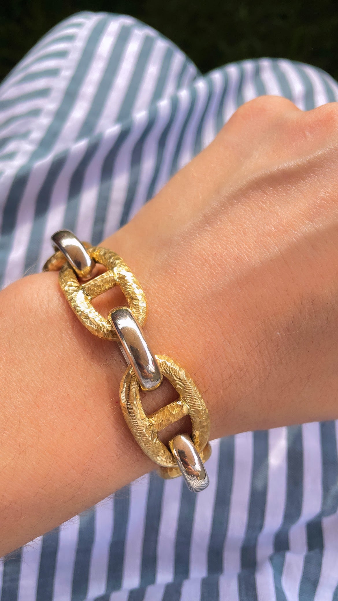 Vintage two tone 14K gold wide mariner bracelet, 8 inch