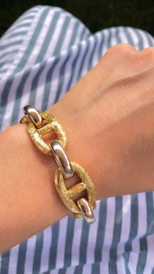 Vintage two tone 14K gold wide mariner bracelet, 8 inch