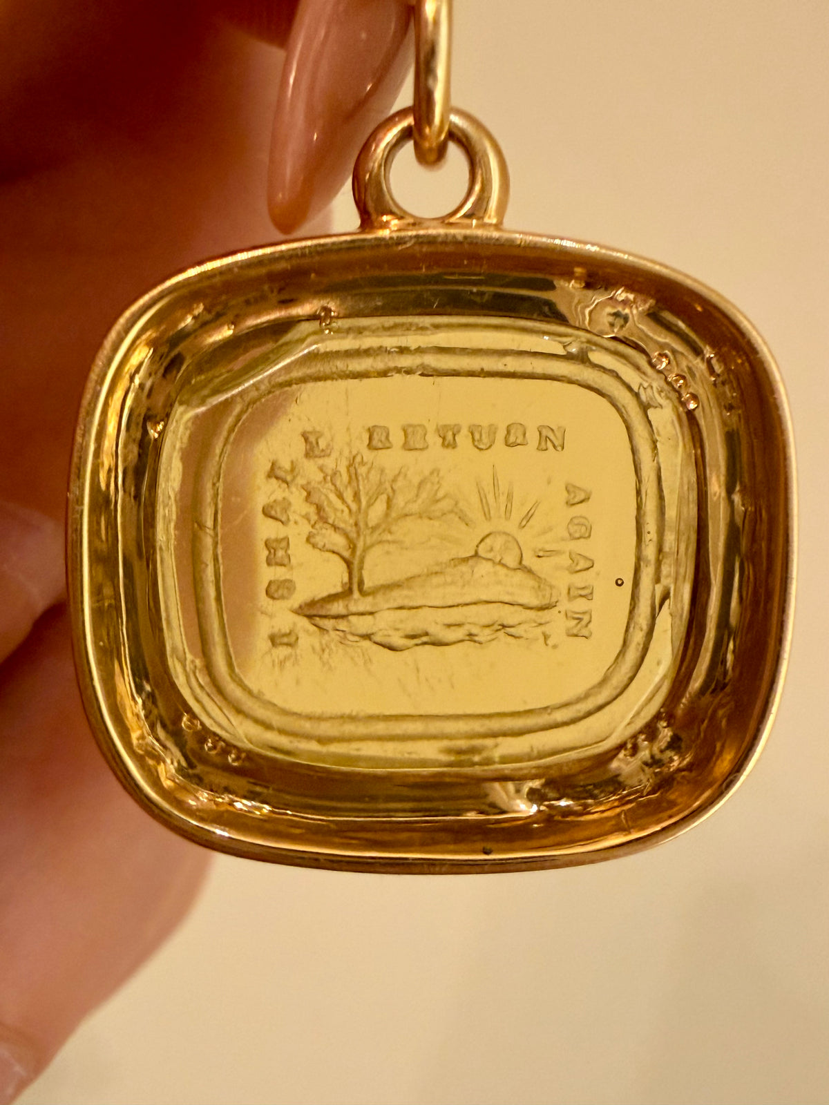 Antique 18K intaglio set in custom yellow 18K tourmaline border pendant by Bauble Magpie