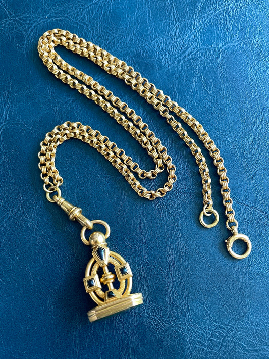 Antique yellow 18K double rolo link watch chain with dog clip and bolt clasp, 23.5 inch