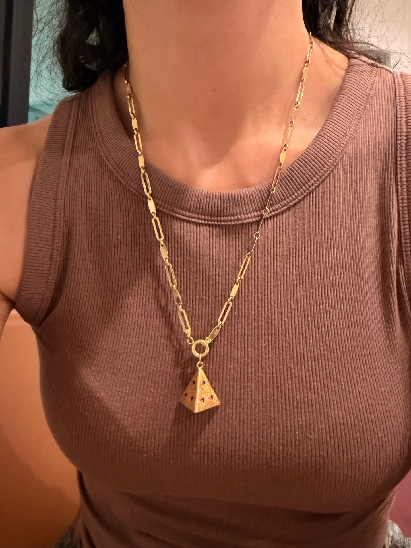Yellow 14K gold disc and oval link chain with bolt clasp, 22 inch