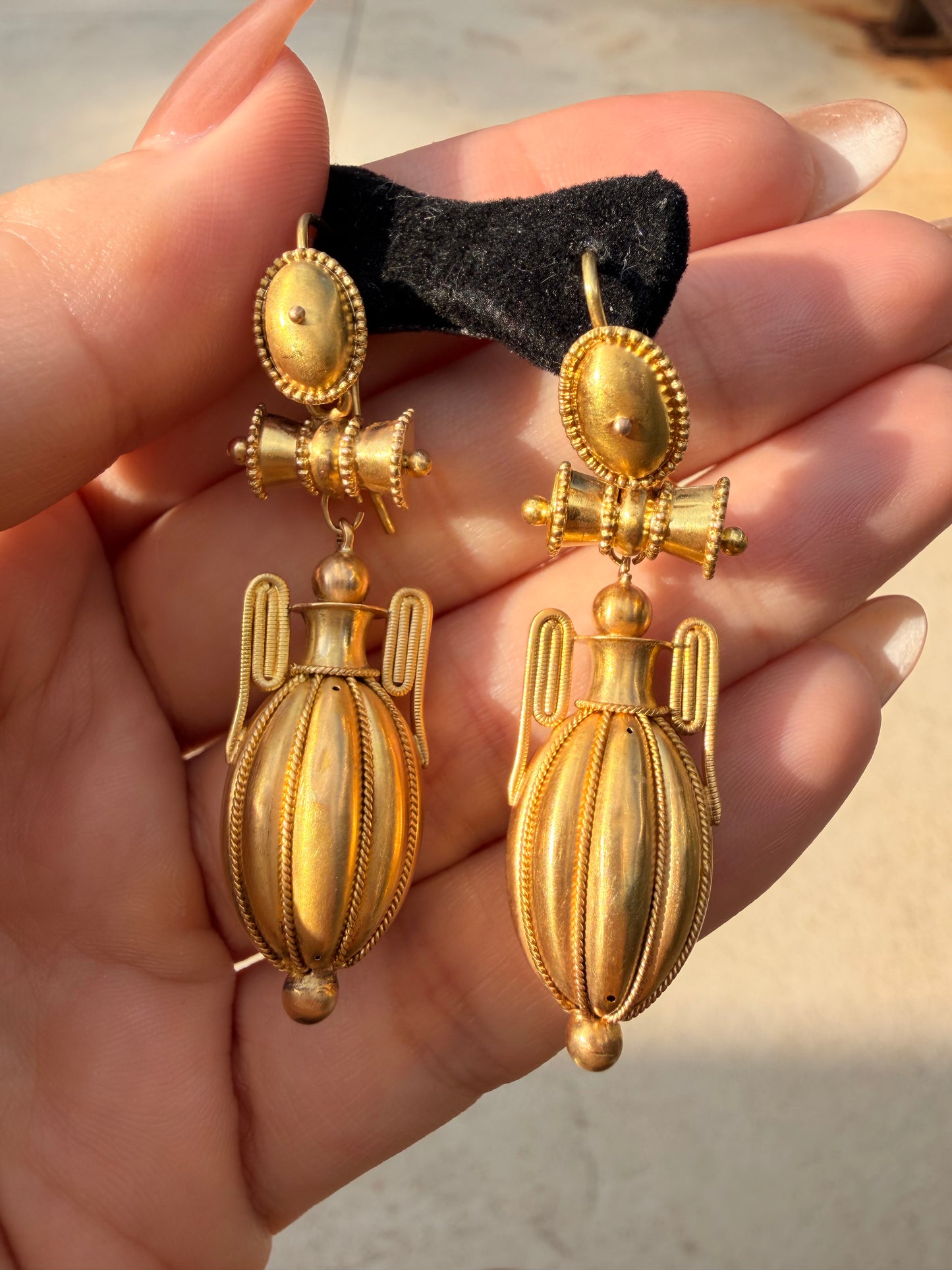 Antique yellow 18K gold amphora Etruscan revival earrings