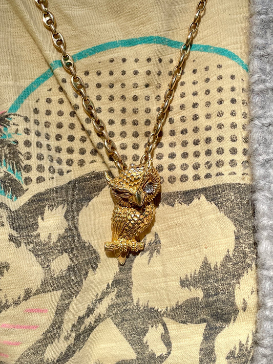 Vintage yellow 14K and approx .12 ctw diamond Dan Frere winking owl pin, 2 inch