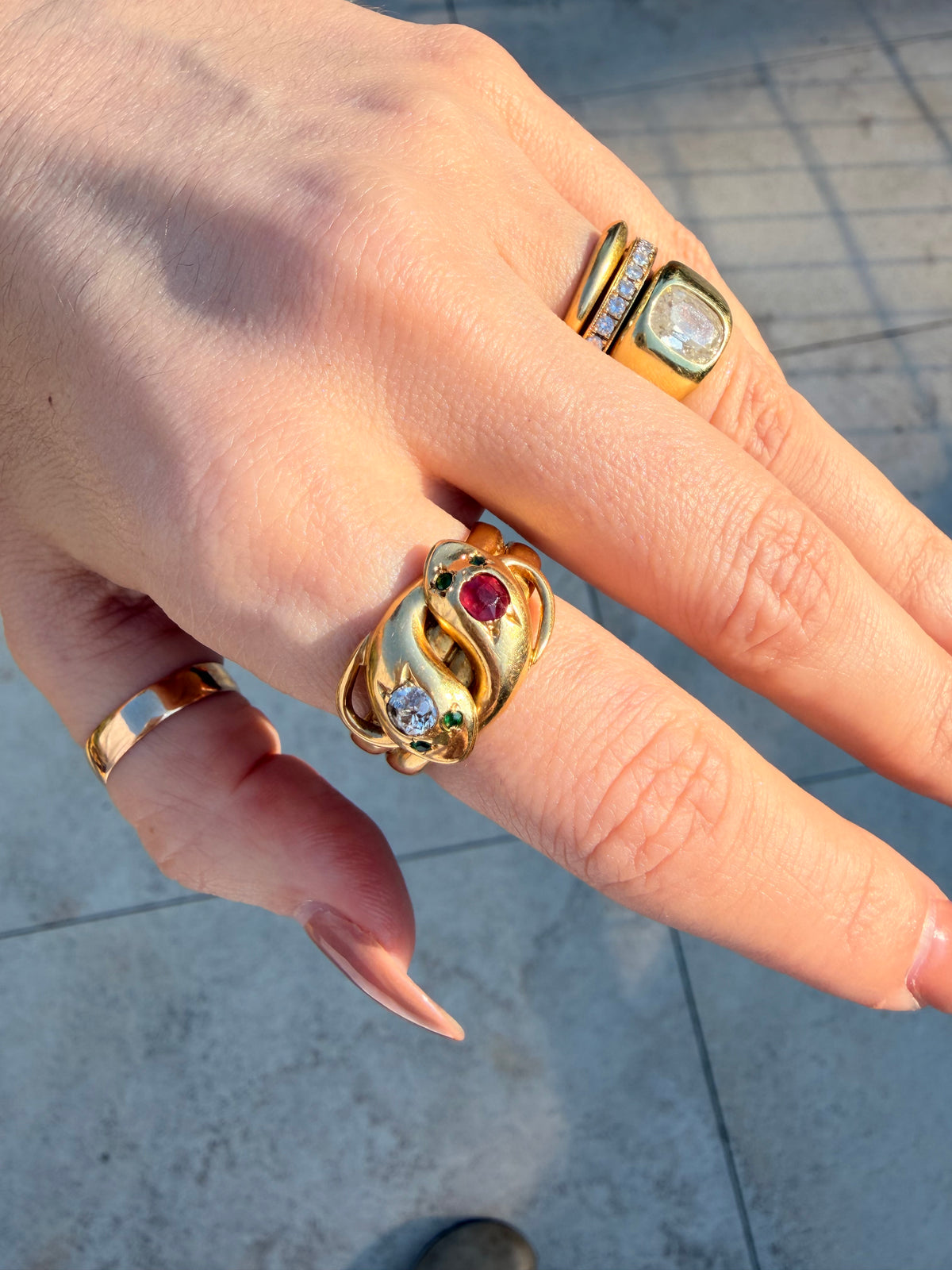 Antique 18K double snake ring with old mine cut diamond, ruby and emeralds, size 11.5