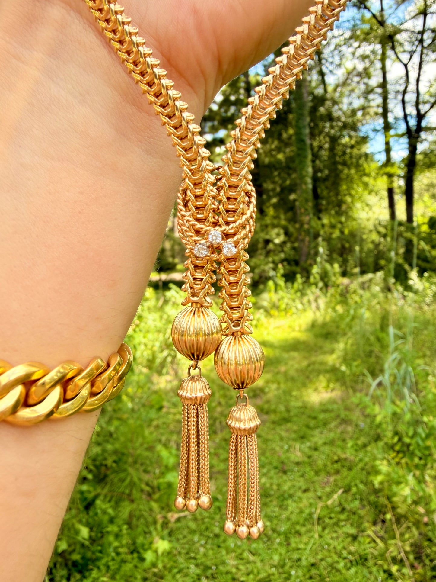 Vintage circa 1950s yellow 14K gold and diamond lariat tassel necklace