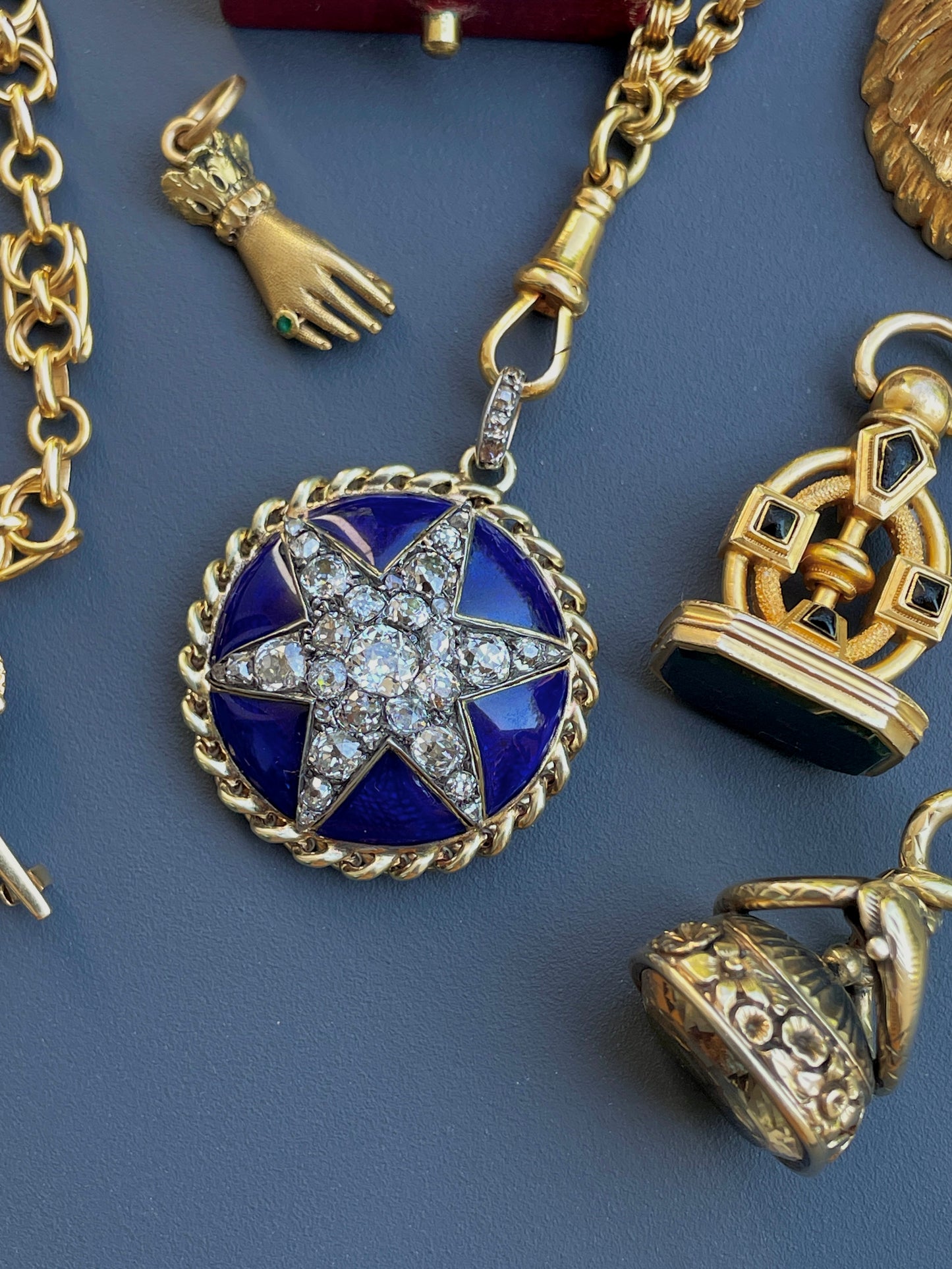 Antique yellow 14K approx over 4 ctw old mine cut and rose cut diamond blue enamel star statement pendant