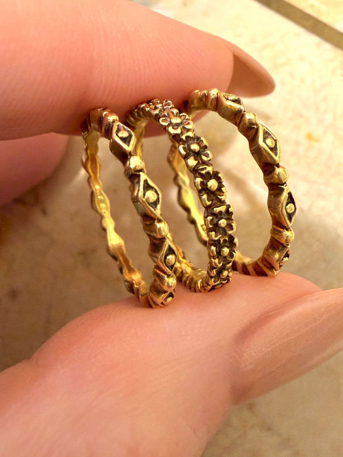 Vintage yellow 18K patterned eternity bands