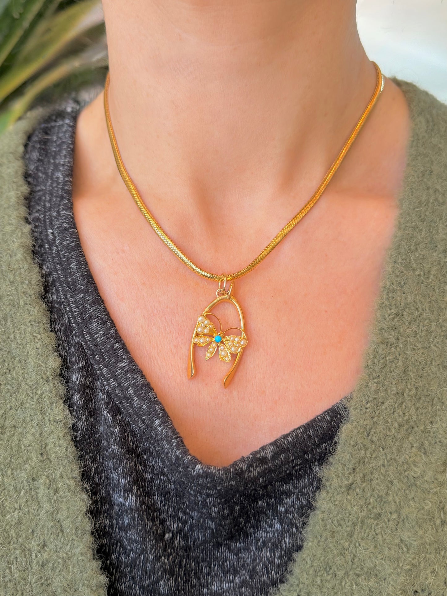 Antique yellow 15K gold wishbone with pearl and turquoise butterfly pendant