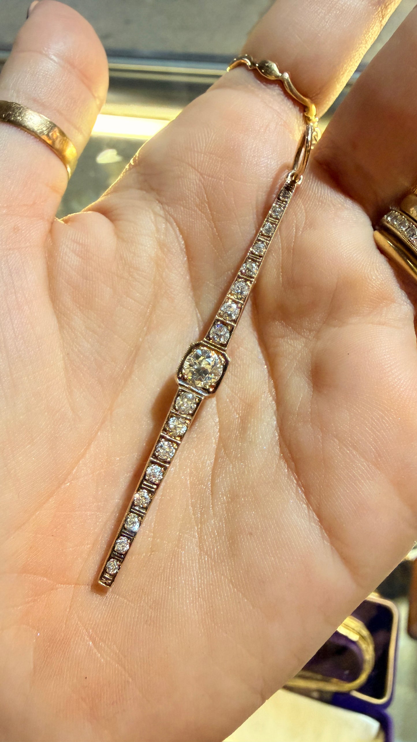 Antique 14K 1.83 ctw old European cut diamond bar pendant