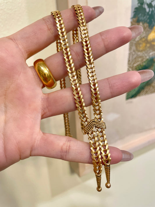 Vintage rosy yellow 18K gold woven lariat chain, 17 inch