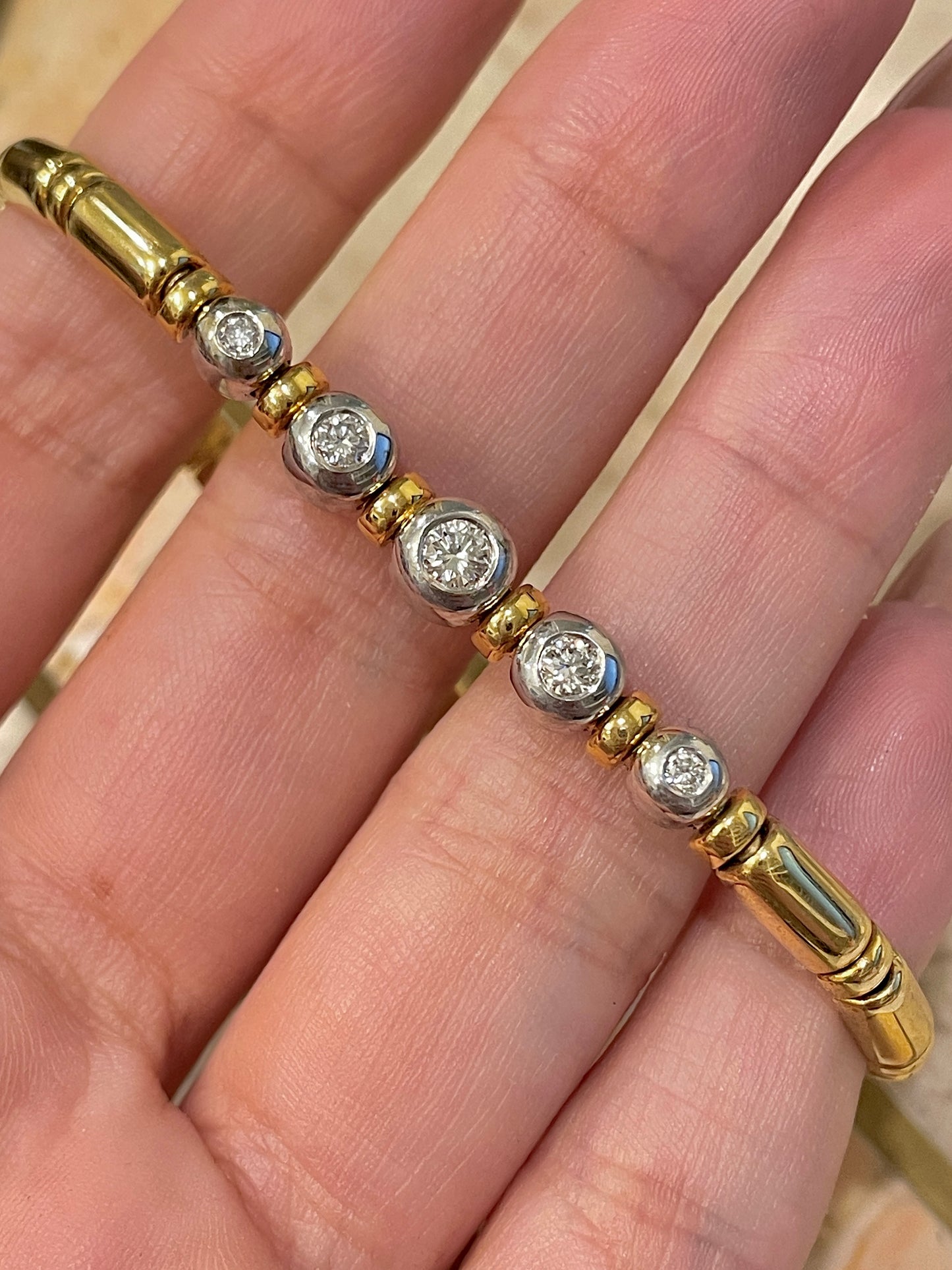 [PRIVATE] Vintage yellow and white 18K round bar link bracelet with .6 ctw bezel set diamonds, 7 inch