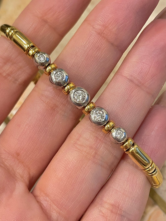 [PRIVATE] Vintage yellow and white 18K round bar link bracelet with .6 ctw bezel set diamonds, 7 inch